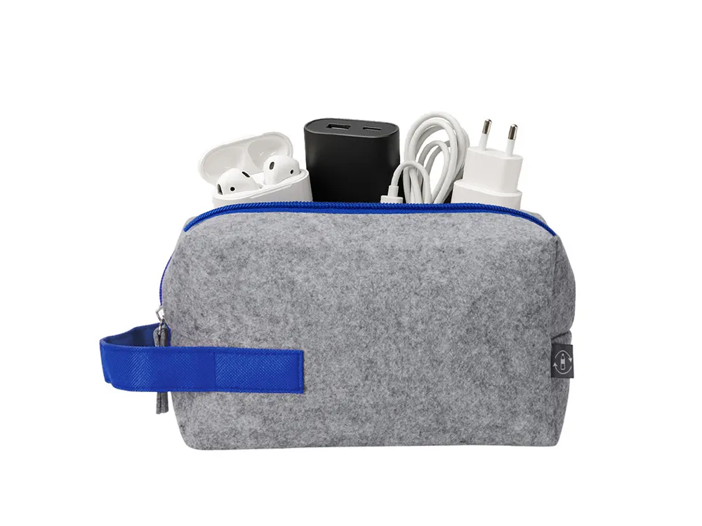 Органайзер для электроники и проводов "Felt" из RPET-фетра с ручкой, серый с синим